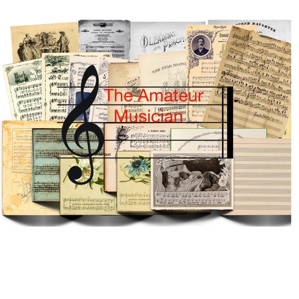 Kit de musicien amateur bricolage vintage, 30 feuilles de musique imprimables, 20 pages d'éphémères, 60 étiquettes, fournitures de journal, utilisation commerciale