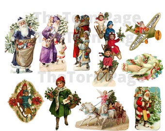 Pode incluir: Uma coleção de ilustrações vintage com tema natalino. Representações do Papai Noel, crianças andando de trenó e anjos puxando uma carruagem. As ilustrações apresentam uma paleta de cores vermelha, verde, azul e branca.
