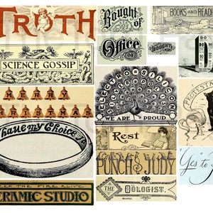 May include: A digital collage of vintage illustrations and typography. The images include a peacock, a cat, a bell, a ring, and a variety of text elements. The text includes the words "Truth", "Science Gossip", "Merry Christmas", "I have my choice", "We are proud", "Rest", "Punch & Judy", "Yes to Romance", "Keep the fire alive", "Keramic Studio", "The Ökologist", "Discussions", "Sulky Notes", "Books and Reading", "Bought of Office", and "Do".