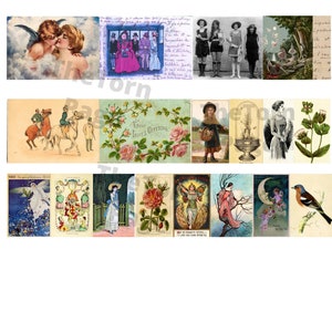 Könnte beinhalten: Eine Collage aus Vintage-Postkarten mit verschiedenen Bildern, darunter ein sich umarmendes Paar, eine Frau, die ein Pferd reitet, ein Blumenarrangement, eine Frau in einem Kleid, eine Fee, ein Vogel und eine Frau im Badeanzug.