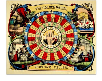 May include: A vintage fortune teller game with a colourful wheel featuring numbers and a hand in the centre. The wheel is surrounded by ornate designs and the text "The Golden Wheel Fortune Teller."
