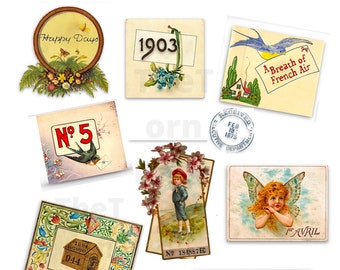 Beautiful Vintage Labels, Random Labels with Numbers, Words Phrases, Six Sheets of Blank Labels to Embellish, Printables, Commercial Use