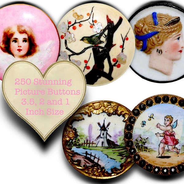 250 Original  Picture Buttons, 18th and 19th Century Picture Buttons, 3.5 inch, 2 inch and 1 inch Buttons, Junk Journal & Scrapbook Supplies