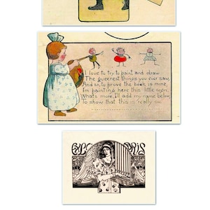 May include: Three vintage illustrations featuring children and a book. The first image shows a boy carrying a sign that reads "THIS BOOK IS THE PROPERTY OF". The second image shows a girl painting with a paintbrush and a palette. The third image shows a woman playing a harp.