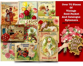 Puede incluir: Un collage de paquetes de semillas y catálogos de jardinería vintage. La imagen presenta más de 70 piezas de efímeras, incluyendo ilustraciones de flores, plantas y herramientas de jardinería. El texto en los paquetes incluye los nombres de empresas de semillas, como "Parker and Wood", "G.R. Gause & Co" y "Burpee's Farm Annual".