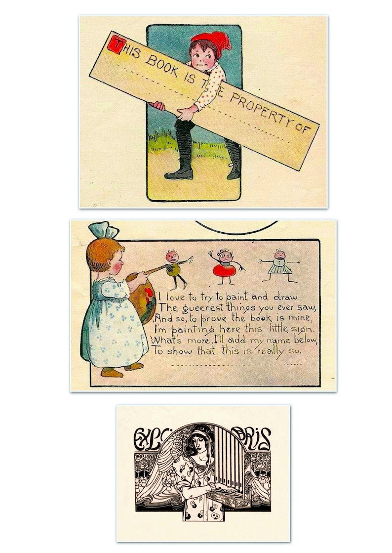 May include: Three vintage illustrations featuring children and a book. The first image shows a boy carrying a sign that reads "THIS BOOK IS THE PROPERTY OF". The second image shows a girl painting with a paintbrush and a palette. The third image shows a woman playing a harp.