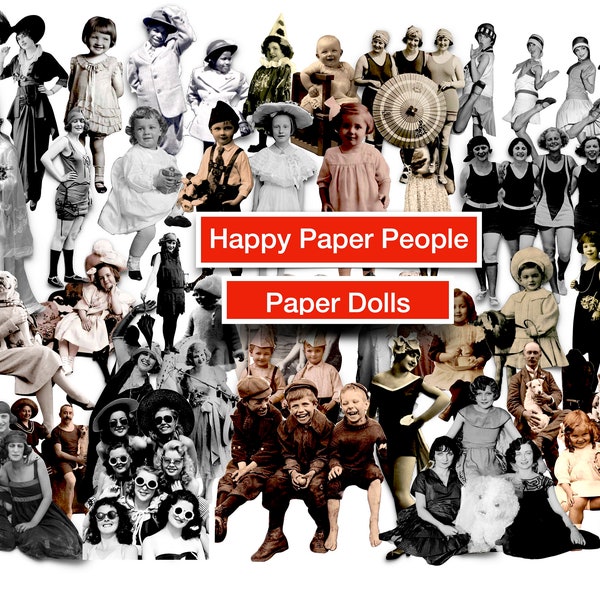Happy Paper People, Vintage Happy Paper Dolls, Digital Junk Journal Kit, Craft Supplies, Clutch Bag, Loaded Tag and Ephemera Holder
