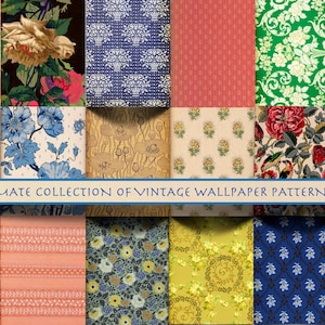 Pode incluir: Uma coleção de 16 padrões de papel de parede vintage do início dos anos 1900. Os padrões apresentam desenhos florais, formas geométricas e motivos repetidos em uma variedade de cores, incluindo azul, verde, vermelho, amarelo e marrom.