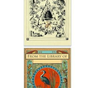 May include: Two vintage bookplates. The first features a beehive with bees and the text "Sans Hate Sans Repos". The second features a blue heron standing in a marsh with the text "From the Library of".