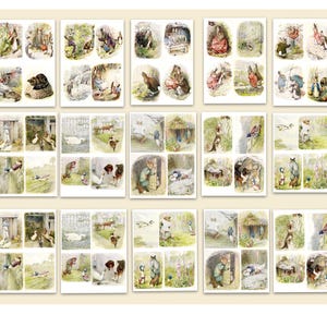 May include: A set of 24 vintage illustrations featuring a rabbit, a cat, and various farm animals. The illustrations are in a whimsical style and feature a variety of colors, including green, blue, brown, and white.