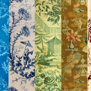 Puede incluir: Cinco muestras de tela con diferentes patrones. Las muestras son de diferentes colores y presentan dise&ntilde;os florales, geom&eacute;tricos y abstractos.