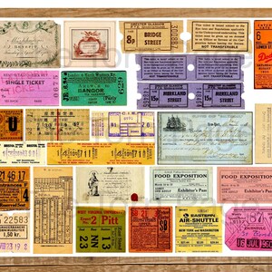 May include: A collection of vintage tickets and passes, including a ticket for a bridge street, a ticket for a baseball game, and a ticket for a food exposition. The tickets are printed on various colored paper and feature different designs.