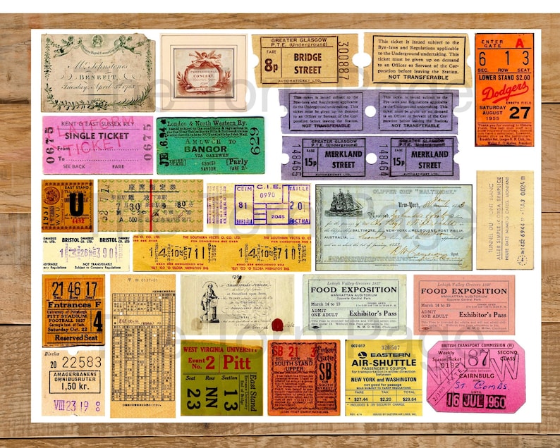 May include: A collection of vintage tickets and passes, including a ticket for a bridge street, a ticket for a baseball game, and a ticket for a food exposition. The tickets are printed on various colored paper and feature different designs.