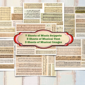 Può includere: Un collage di 13 spartiti musicali vintage con note musicali, testi e immagini. Gli spartiti sono in varie tonalità di beige e crema con inchiostro nero. Il testo sul collage recita "7 fogli di brani musicali, 3 fogli di testo musicale, 3 fogli di immagini musicali".
