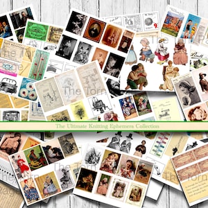 Puede incluir: Un collage de efímeras vintage, que incluye ilustraciones, fotografías y materiales impresos. La colección presenta imágenes de personas, herramientas de tejido y texto. El texto "The Ultimate Knitting Ephemera Collection" se muestra en una pancarta verde.