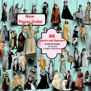 Pode incluir: Uma colagem de 85 bonecas de papel vintage que representam atores e dançarinos, cada boneca mede 12,7 ou 8,9 cm de altura. As bonecas estão dispostas sobre um fundo de madeira azul claro com o texto "New Paper Dolls!" e "85 Actors and Dancers 5 and 3.5 inches 65 Photos, 4 Pages of Ephemera" em uma moldura rosa.