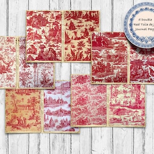 Páginas de diario Toile de Jouy rojas, papel Toile digital vintage, perfecto para diarios basura, álbumes de recortes y proyectos de arte y manualidades.