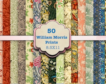 May include: A collage of 50 different William Morris prints, each featuring a unique floral pattern in various colors. The prints are arranged in a grid pattern and are labeled "50 William Morris Prints 8.5x11".