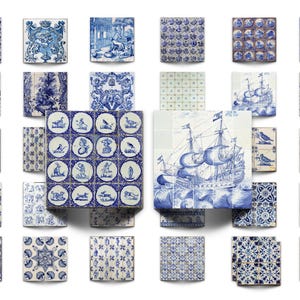 May include: Collection of blue and white ceramic tiles with various designs. The tiles feature scenes of ships, birds, and other decorative patterns. The tiles are arranged in a grid, showcasing the variety of designs.
