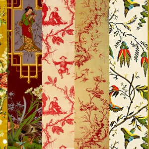 Puede incluir: Un collage de seis muestras de tela diferentes con varios patrones florales y geom&eacute;tricos. Las muestras son en tonos de rojo, amarillo, verde y blanco.