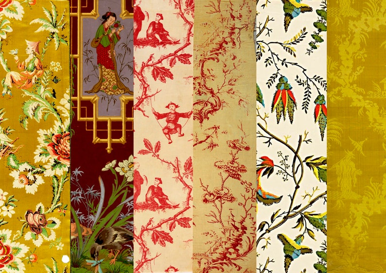 Puede incluir: Un collage de seis muestras de tela diferentes con varios patrones florales y geom&eacute;tricos. Las muestras son en tonos de rojo, amarillo, verde y blanco.