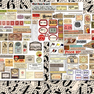 Puede incluir: Una colección de etiquetas y boletos de estilo vintage con varios precios, fechas y texto. Las etiquetas están impresas en papel blanco con tinta negra y presentan una variedad de diseños, que incluyen patrones florales, formas geométricas y texto.