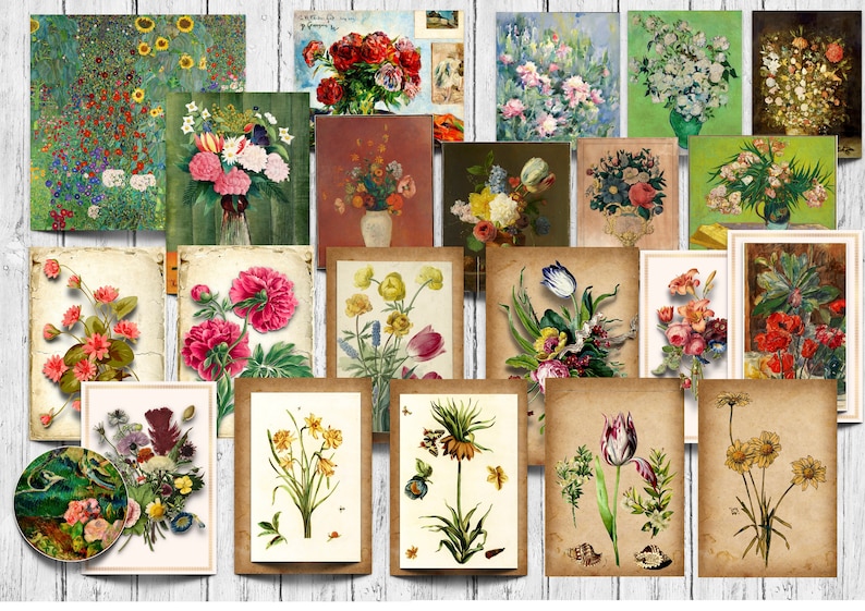 May include: A collage of vintage floral illustrations featuring various flowers, including roses, tulips, lilies, and daisies. The illustrations are in a variety of styles, from realistic to stylized. The colors are bright and vibrant, and the overall effect is cheerful and romantic.