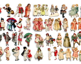 50 Christmas Children Paper  Dolls, Vintage Christmas Ephemera, Junk Journal, Scrapbooking, Paper Crafts and Cards, Pack 1
