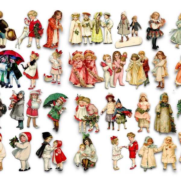 50 Christmas Children Paper  Dolls, Vintage Christmas Ephemera, Junk Journal, Scrapbooking, Paper Crafts and Cards, Pack 1