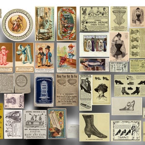 Anúncios de roupas de jornal vintage e cartões comerciais, anúncios de roupas, chapéus, sapatos e espartilhos, cartões comerciais para alfaiates, chapeleiros, chapeleiros