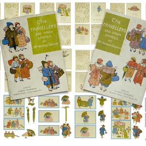 May include: Vintage book covers and illustrations featuring the title "The Travellers and Other Stories" by Mr. Arthur Gaskin. The covers depict figures in winter attire. Additional illustrations and book pages are also visible.