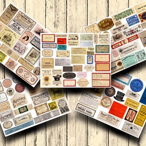 120 Vintage Etiketten, fünf Bögen mit Junk Journal und Scrapbook Zubehör, perfekt für Kunst, Handwerk und Papierprojekte, Instant Download