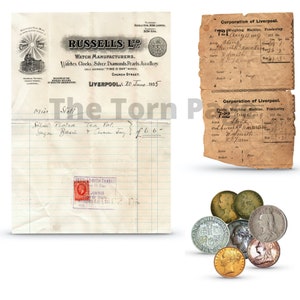 May include: A vintage receipt from Russells LP, a watch manufacturer in Liverpool, England, dated June 20, 1935. The receipt shows a purchase of a silver plated tea pot, sugar basin, and cream tray for £6.6. The receipt is stamped with a red stamp that says "Settled with Thanks" and "Russells Ltd."