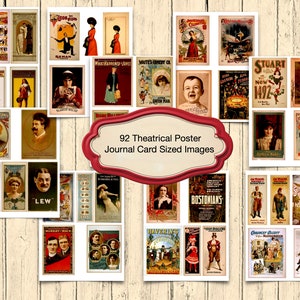May include: A collage of 92 vintage theatrical posters, each featuring a different performer or production. The posters are in various colors and styles, and many feature images of people, animals, and scenes from the shows. The posters are all in a journal card size.