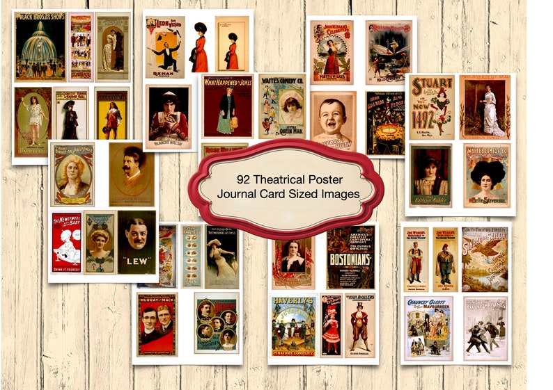 May include: A collage of 92 vintage theatrical posters, each featuring a different performer or production. The posters are in various colors and styles, and many feature images of people, animals, and scenes from the shows. The posters are all in a journal card size.