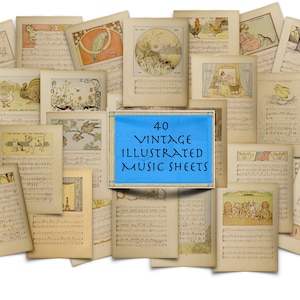 40 vintage geïllustreerde muziekbladen, afdrukbare collagebladen, perfect voor junkjournal, scrapbooking, kunst-, knutsel- en papierprojecten