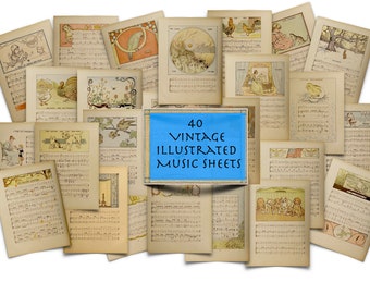 May include: A collection of 40 vintage illustrated music sheets. The sheets are all in various shades of brown and cream, and feature a variety of illustrations, including animals, people, and landscapes. The text "40 Vintage Illustrated Music Sheets" is printed in blue on a light blue background.