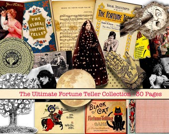 May include: A collection of vintage fortune teller cards and illustrations. The cards feature images of a floral fortune teller, a black cat, and a palmistry chart. The text on the cards includes "The Floral Fortune Teller", "The Fortune Teller", "The Black Cat Fortune Telling Game", and "Vocal Selections from The Fortune Teller".