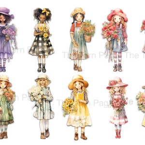 10 Transparente Blumen Mädchen Pngs 2 Collage Seiten von 5 und 3,5 zoll Papierpuppen, Clip Art für Digital Design, Journals, Kartenherstellung und Kunsthandwerk