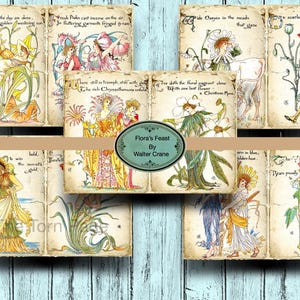Walter Crane, Flora's Feast, 5 páginas duplas de diário, conjunto dois, perfeito para diários de lixo botânico, scrapbooking e projetos de arte e artesanato