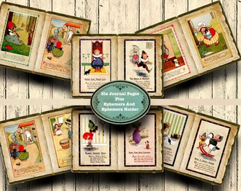 Nursery Rhyme Junk Journal-pagina's: vintage ephemera, plakboekkit (digitale download, pdf- en jpg-indeling)