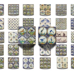 Antique Delft Animal Bird Tile Backgrounds, Vintage Collage Papers (Digital Download)