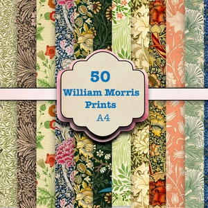 50 papeles vintage digitales, paquete de William Morris, hojas de collage digital, A4, papel imprimible, papel shabby chic, papel de fondo