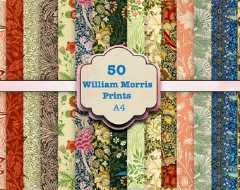 50 papiers numériques vintage, pare-chocs William Morris, feuilles de collage numérique, A4, papier imprimable, papier shabby chic, papier de fond