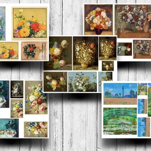 May include: A collage of 14 vintage paintings featuring floral arrangements, landscapes, and still life scenes. The paintings are in various styles and colors, including blue, green, yellow, and red.