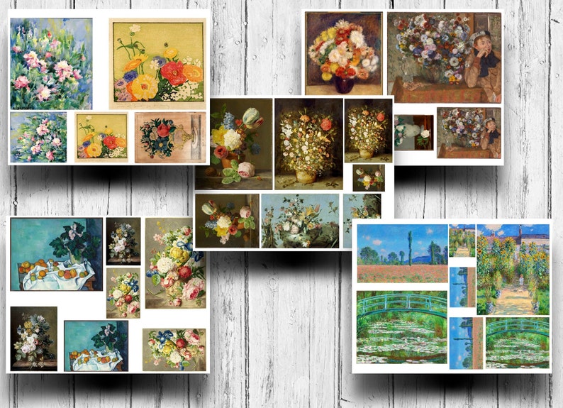 May include: A collage of 14 vintage paintings featuring floral arrangements, landscapes, and still life scenes. The paintings are in various styles and colors, including blue, green, yellow, and red.
