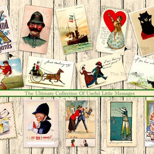 Vintage ATC Style Postkarten mit lustigen, romantischen, praktischen Botschaften und Gefühlen, zur Verwendung in den Steckplätzen oder zum Einstecken in die Umschläge.