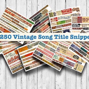 Bandes d'extraits de collage vintage, plus de 250 titres de chansons anciennes, 24 cartes ATC, parfaites pour les journaux indésirables, les albums de coupures, les fournitures d'art et d'artisanat