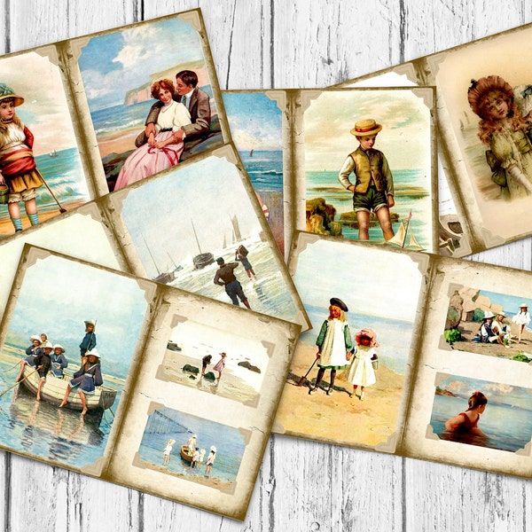 Vintage Watercolour Seaside Snaps, Photo Album Style Pages, Seaside Printables,  Perfect for Junk Journals, Scrapbooks and Craft Projects