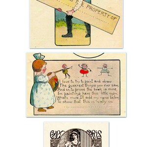 May include: A vintage illustration of a child holding a sign that says "This book is the property of". The child is wearing a red hat and a white shirt. The illustration is in a cartoon style.